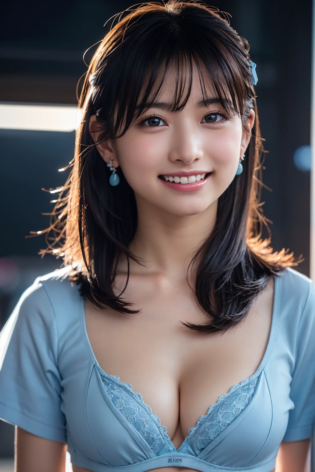 (8k, RAW Photos,Highest quality, High resolution:1.1), (Ultra-realistic:1.4),(Realistic:1.4), Realistic Face,Realistic Body,Realistic Skin,masterpiece,(cute:1.8), Japanese, ((Sky Blue Bra)), Upper Body, Beautiful dark eyes,Innocent eyes,Cinema Lighting,Film Grain,jewelry,Earrings,((Medium Hair:1.1)),Cherry colored lips,Hair Ribbon,ponytail,Audience,Long Hair,,Open your lips,Upper teeth, (Smiling Eyes:0.6),((Grin:1.3)),Blurred Background, Eye focus , Bokeh,young, 85mm lens, Photon Mapping,Radio City,