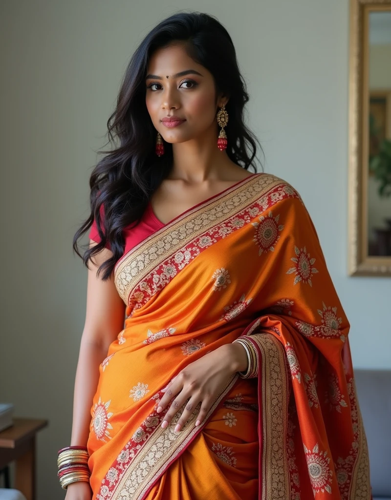 A beautiful curvy indian married woman with big wearing modern saree