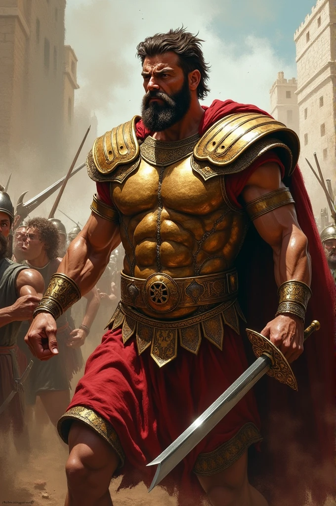 The image should show Achilles in battle, his armor shining and his expression fierce.