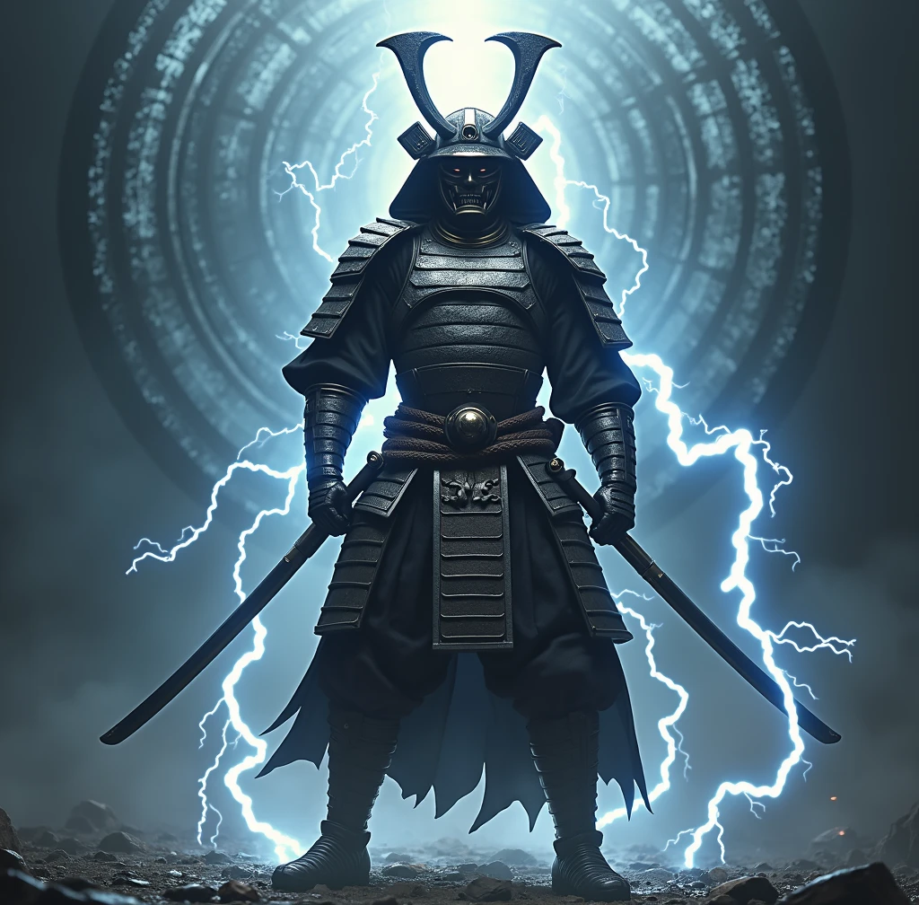 Pour créer l'image réaliste comme une photographie, imaginez un guerrier, vêtu d'une armure de samouraï brillante, une casque démoniaque qui raconte son passé. Il tien un katana japonai. Autour de lui, de l'électricité enveloppe son corps qui accentuent sa présence unique et puissante. L'arrière-plan contient son nom " Grey " en lettre gothique, dans un univers chaotique. Cette composition évoque à la fois la force et la singularité de ce personnage fascinant.