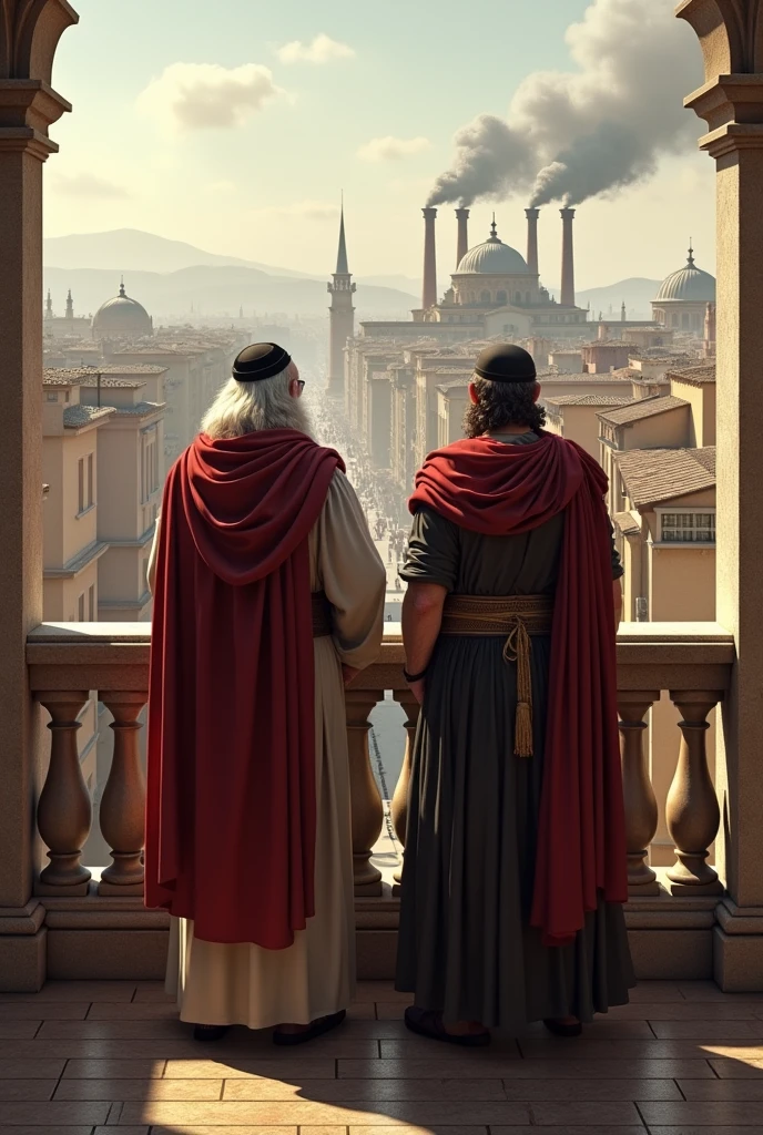 Rabbi with Roman Emperor watching the city of Rome and its chimneys from the balcony