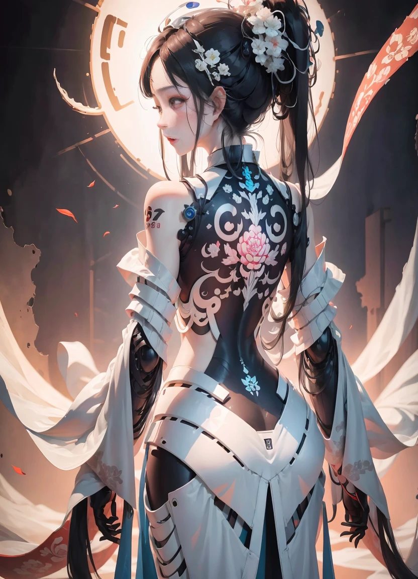 An avant-garde interpretation of the Zhuangzi (Chinese jacket) for the year 2100. It combines traditional aesthetics with modern, sustainable materials, like biodegradable textiles. Incorporating futuristic design elements, like interactive LED displays woven into the fabric itself showing vibrant animations of traditional Chinese symbols. Zhuangzi: 1.4, Avant-Garde Design: 1.5, Year 2100 Design: 1.3, Sustainable Materials: 1.2, Biodegradable Textile, Interactive LED Displays: 1.4, Traditional Chinese symbols animation: 1.3.