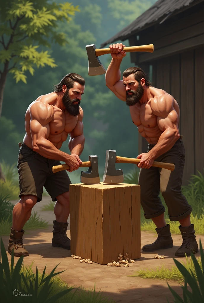 Two man Choping wood block  digital illustration 