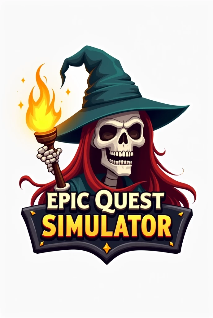 Game logo with name (Epic Quest Simulator) (With a completely white background) With a skeleton head and magic