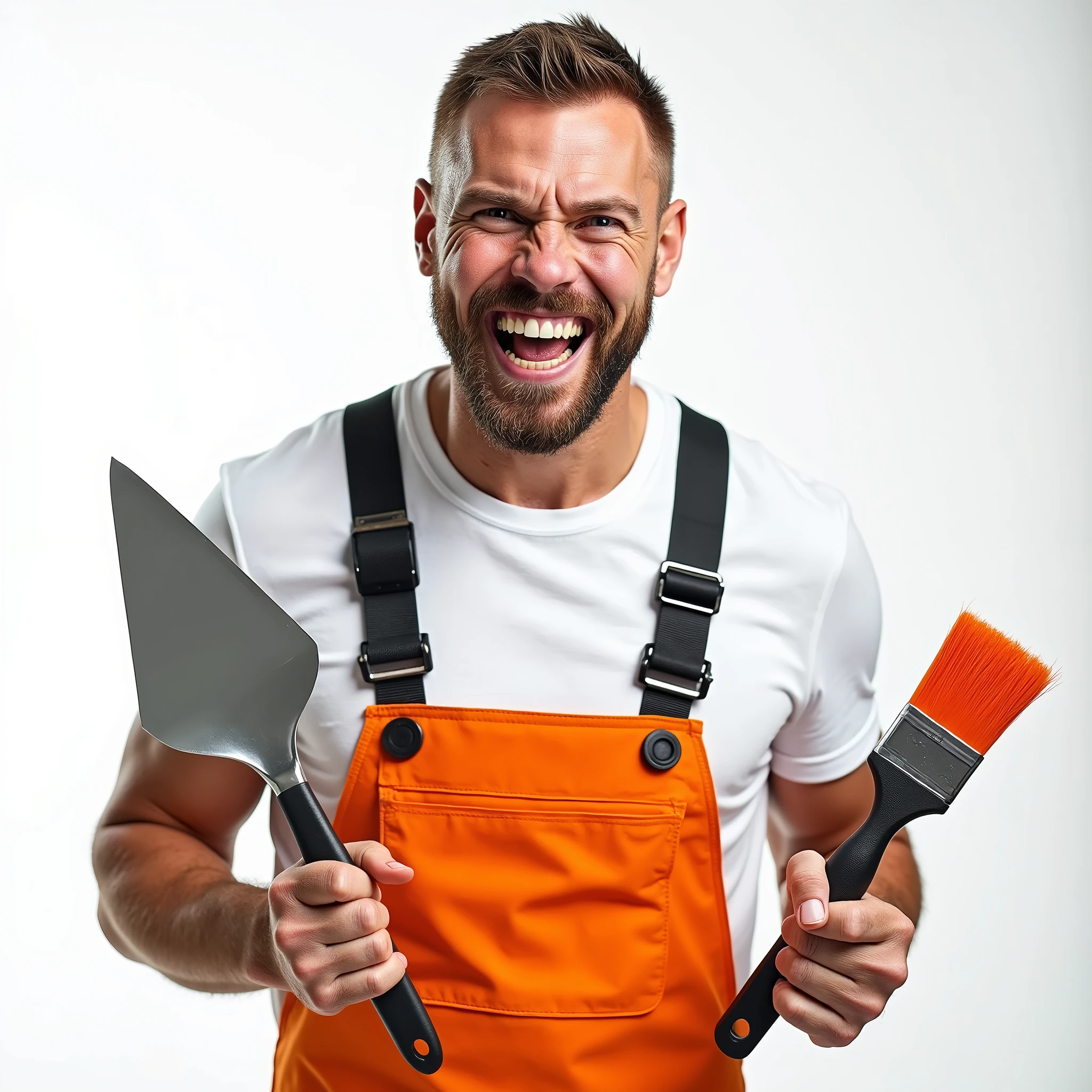 Brutal Smiling Man in White T-shirt and Orange Construction Overalls, holds a triangular construction spatula in one hand, in another one, an orange paint brush, Studio Photography, studio lighting, realistic skin texture and detail, the man stands slightly sideways, background white uniform, The photo was taken from the waist up