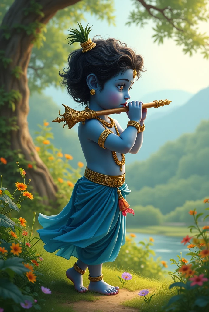 Little Krishna sang with flute