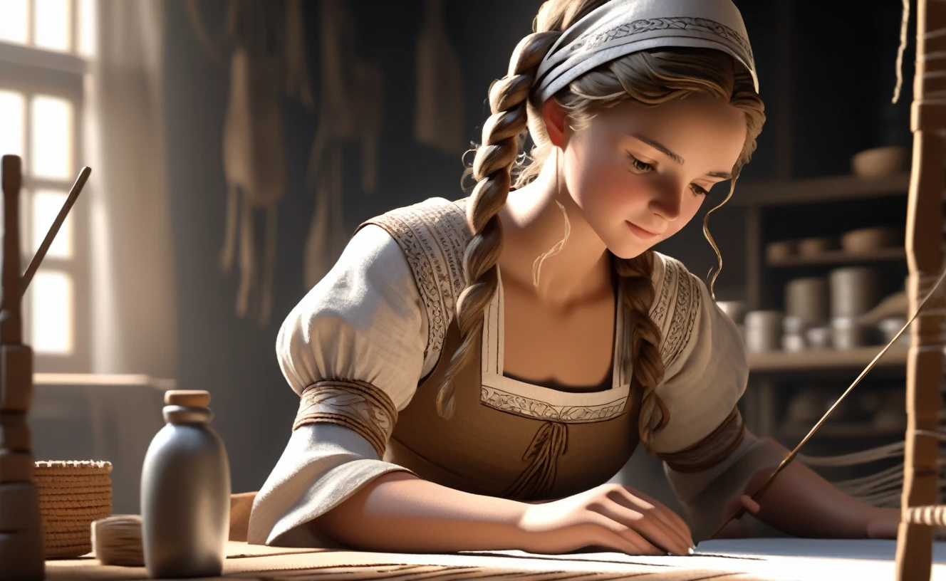 A woman named Jane Foster (Cloth Maker), 2, Long curly brown hair tied in a bun, Bright brown eyes, Long-sleeved linen dress, apron, and a headscarf, had Silver needle and thread, in front a small loom,3d realistic, extra detailed, cinematic light, dramatic shadows,
Eyes focusing on viewer 