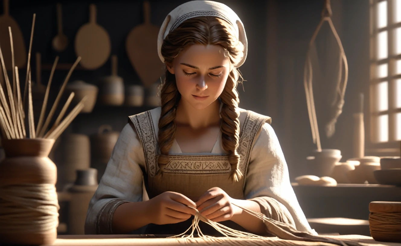 A woman named Jane Foster (Cloth Maker), 2, Long curly brown hair tied in a bun, Bright brown eyes, Long-sleeved linen dress, apron, and a headscarf, had Silver needle and thread, in front a small loom,3d realistic, extra detailed, cinematic light, dramatic shadows,
Eyes focusing on viewer