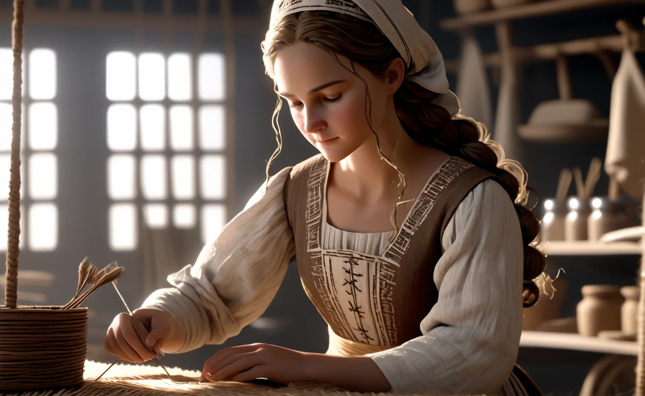 A woman named Jane Foster (Cloth Maker), 2, Long curly brown hair tied in a bun, Bright brown eyes, Long-sleeved linen dress, apron, and a headscarf, had Silver needle and thread, in front a small loom,3d realistic, extra detailed, cinematic light, dramatic shadows,
Eyes focusing on viewer 