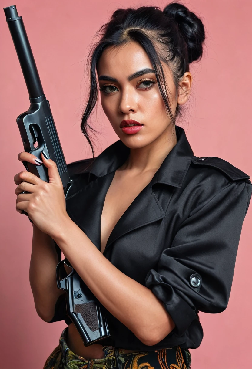 a woman holding a gun, in the style of womancore, exotic realism, 