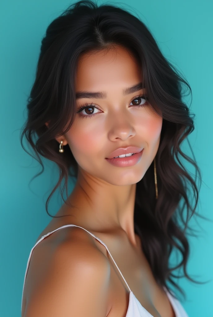 CREATE AN IMAGE OF A FOR HER YEARBOOK PHOTOGRAPH, AQUAMARINE BLUE BACKGROUND, with latin features
