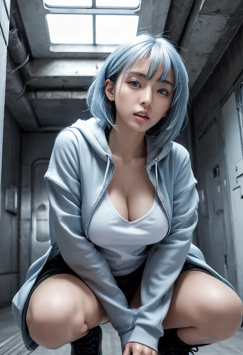 nsfw, (masterpiece, hyper Detailed, Best Quality, hyper Realistic, A mysterious and sophisticated beautiful young sexy Japanese model:1.2) 18-years-old, with blue eyes wears futuristic and sexy fashion art. sitting focus breasts,, from below, Detailed clothing butt, woman is climbing at a wide angle, with her full body in frame. large Butt, sexy large breasts, slim waist, Cyber punk taste fashion, Her outfit includes BLACK over sized Surface hoodie sweat, nothing shorts, adding a minimalist beauty. She accessorizes with futuristic accessories and technical sneakers. Her demeanor exudes harmony and striking simplicity, accentuating her curves and digging sensuously into her skin, hyper small head and face, Realistic face and skin, detailed wide and big Duck mouth, half open mouth, perfectly aligned teeth, perfect beautiful wide teeth, Detailed eyes, Light blue eyes, half open eyes, shiny Droopy eyes, gray hair, looking other, She is situated within the interior of a futuristic colony, with mist drifting and steam rising from concrete