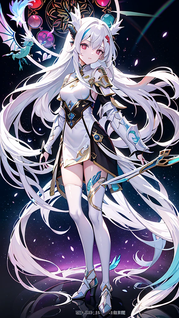 A girl with long white hair who gives the impression of being a little young。He wears metal armor with a stained-glass-like design, intertwined with rainbow-colored decorations that resemble parts of dragons, insects, fish, and beasts.。In the hand、He is holding a translucent sword with detailed decorations.