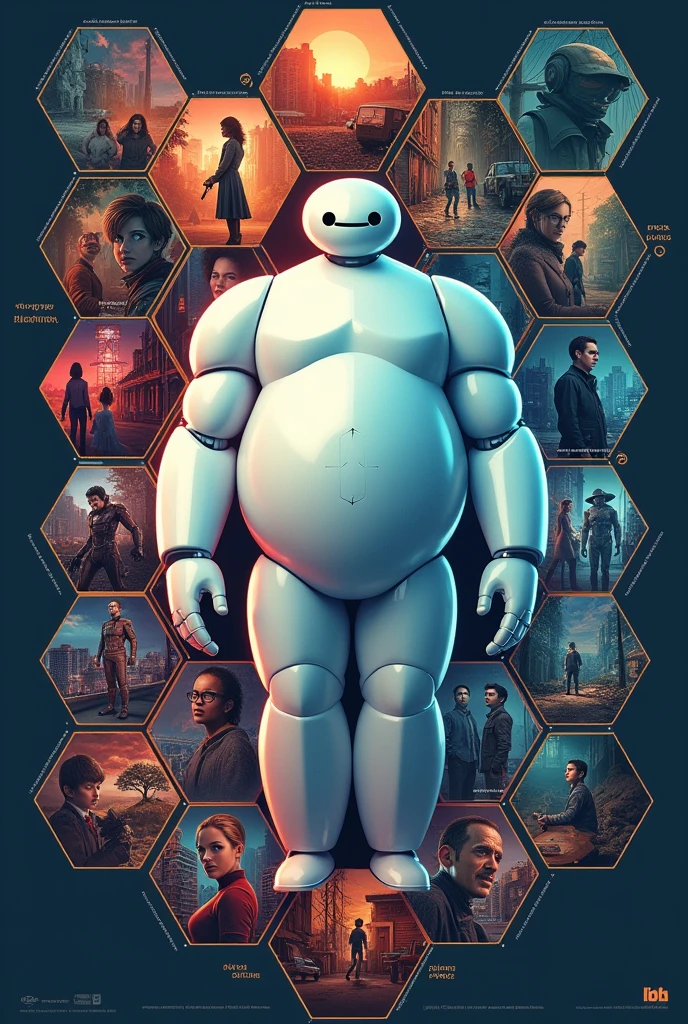 Create an poster in English, with the title 'AI in the sphere of family', filled with the posters of the movies big hero 6, sillu karappatti, next gen, I am mother, ex machina and the cover page of the books the perfect wife, machine hood, sleeping gaints, sea of rust, Klara and the sun, heart goes last; which can be aligned like a honey comb and also add these points 1. Enhancing communication. 2.supporting education 3.improving health and wellness 4.emergency assistance 5.managing finance for pros and for cons 1.communication breakdown 2.privacy and surveillance 3.shift in parental roles 4.impact on relationships 5.mental health challenges.