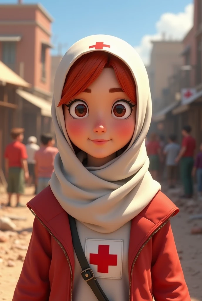 Make me an animated character of a teenage red cross child wearing a headscarf with the red cross symbol