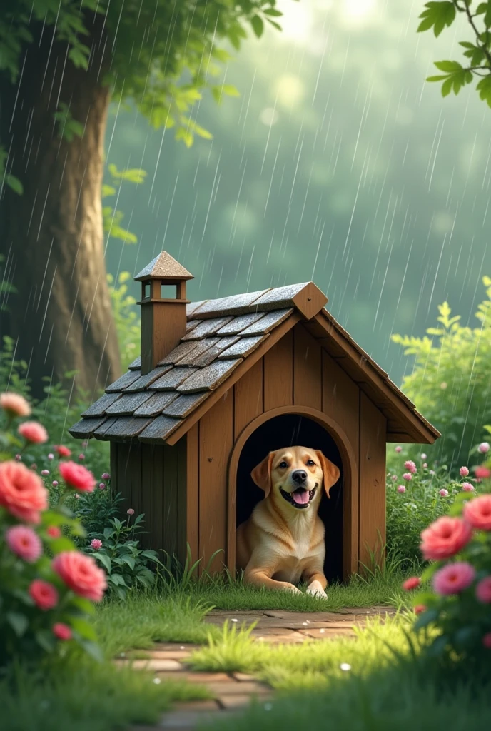 Dog in dog small house and raing in garden in 16:9 ratio formate full image