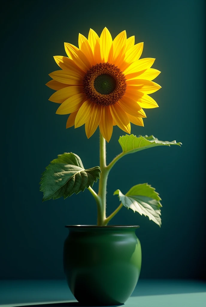 "An enchanting sunflower yellow flowers , rendered in vivid detail using Unreal Engine 5. Captured in a cinematic composition from a low angle, showcasing the graceful motion blur and mesmerizing depth of field, held in a green pot, placed in a room, dark blue background, high contrast, cinematic lighting, oil painting:3
