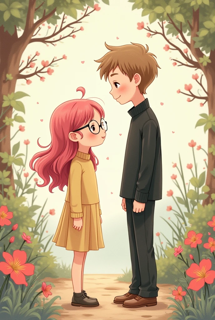 draw a girl with pink hair and glasses chuby with skirt, and her boyfriend a tall guy light brown dressed in black like studio ghibli