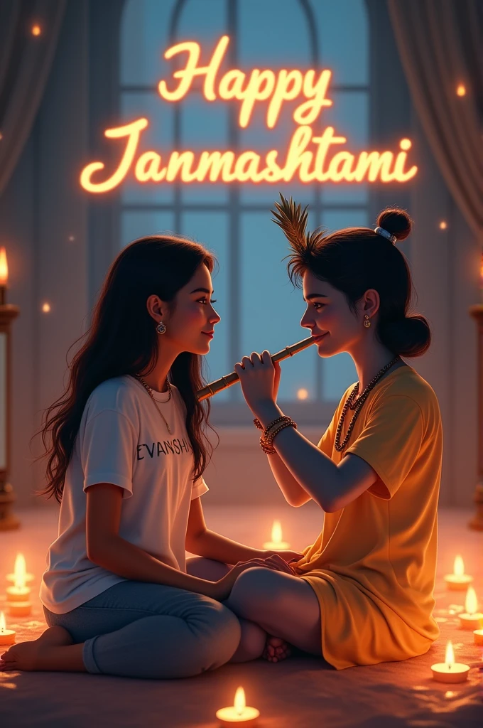 Design an image of a stylish  girl named ‘Evanshi’ sitting with Lord Krishna in a softly lit room, filled with candles. Evanshi is barefoot, wearing a modern t-shirt with his name ‘Evanshi’ written on it. Lord Krishna is holding his flute, and in the background, the words ‘Happy Janmashtami’ glow warmly, creating a peaceful and divine ambiance.”