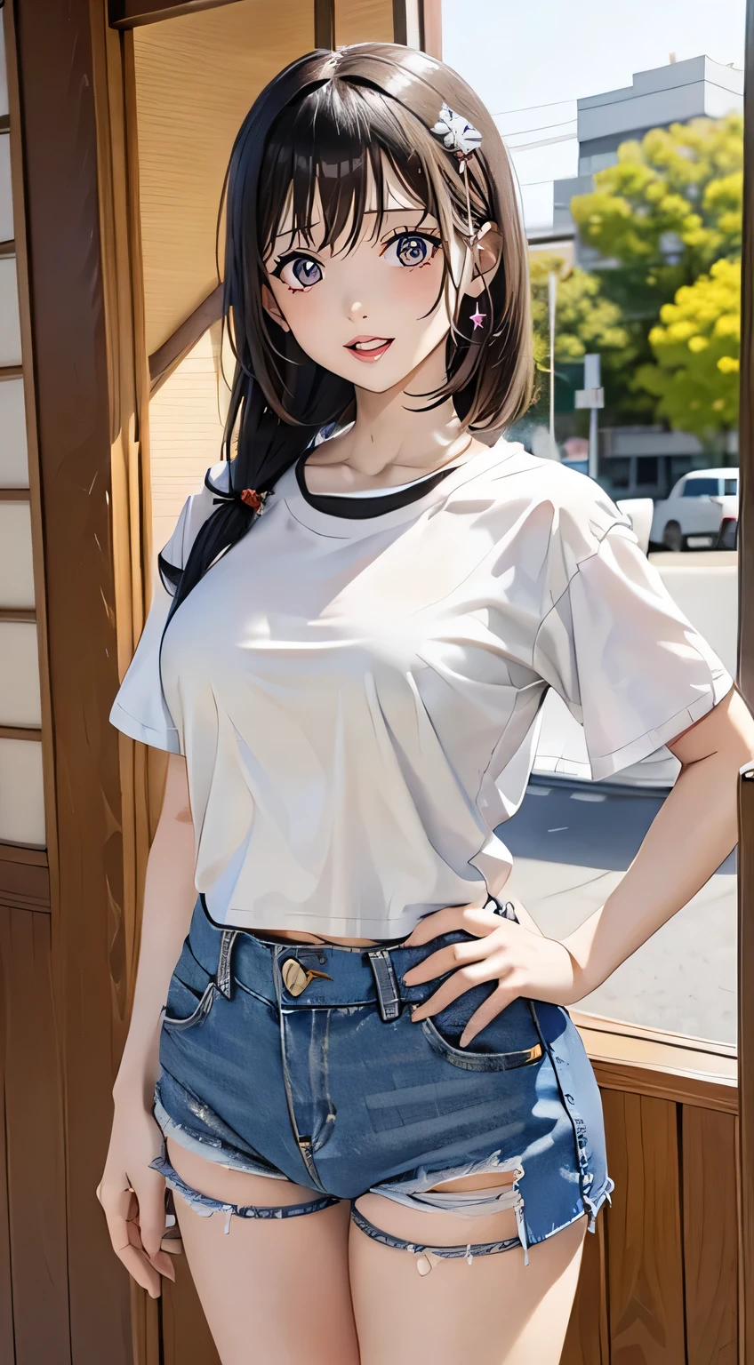Upper body shot of a surprised young Japanese girl looking at a ((smartphone)). The light from the screen is reflecting on her face, highlighting her expression of astonishment. the girl with long black hair, (ample breasts). wearing a ((short-sleeved white T-shirt and denim shorts)).