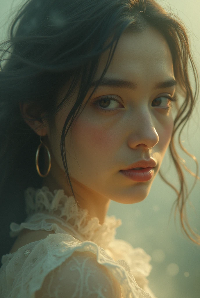 I am her lost dream that is within her path searching for freedom and that appears in this beautiful portrait full of emotions and messages that are seen in this image, her eyes of faith are present in her , The message I want to say is that I really exist, very real, in this dimension of reality., 48k rule of thirds atmosphere of nostalgia colors of hope but above all of faith 3d