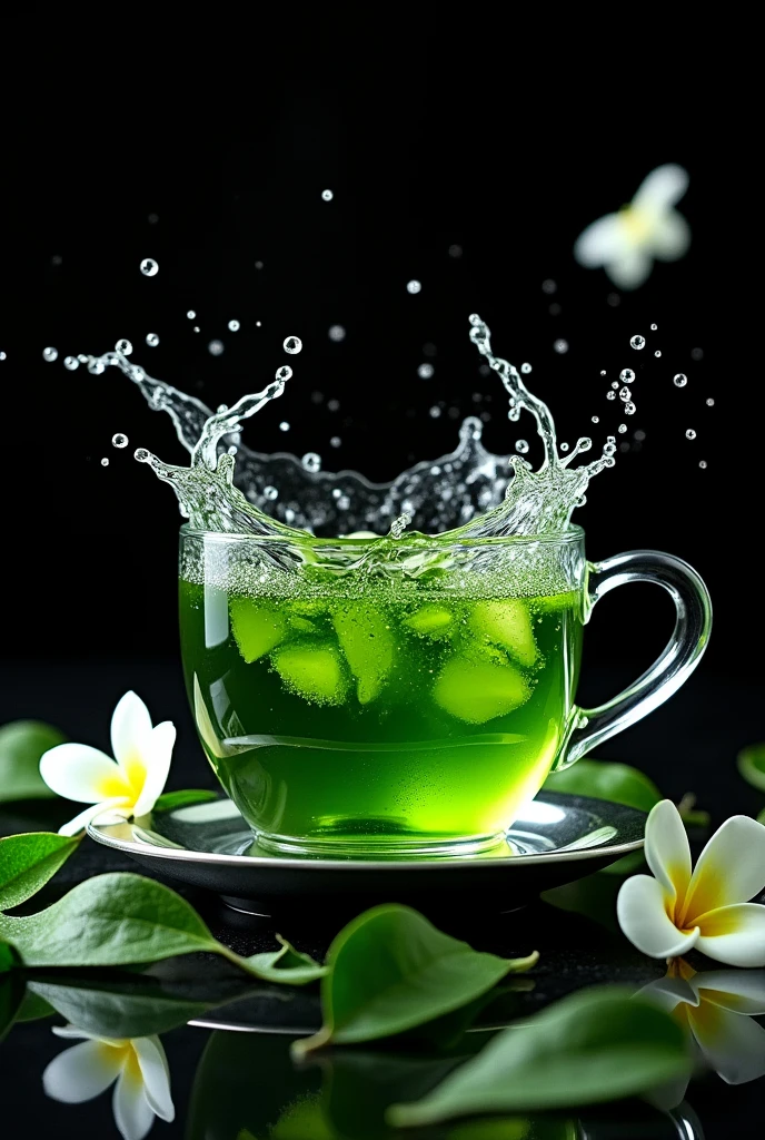 Product Design，（Green tea seen from above:1.5），Clear green tea，Silver edge bowl，A spectacular water splash，Black background，Surrounded by leaves and flowers，Leaves flutter，The water surface splashes violently，steampunk
