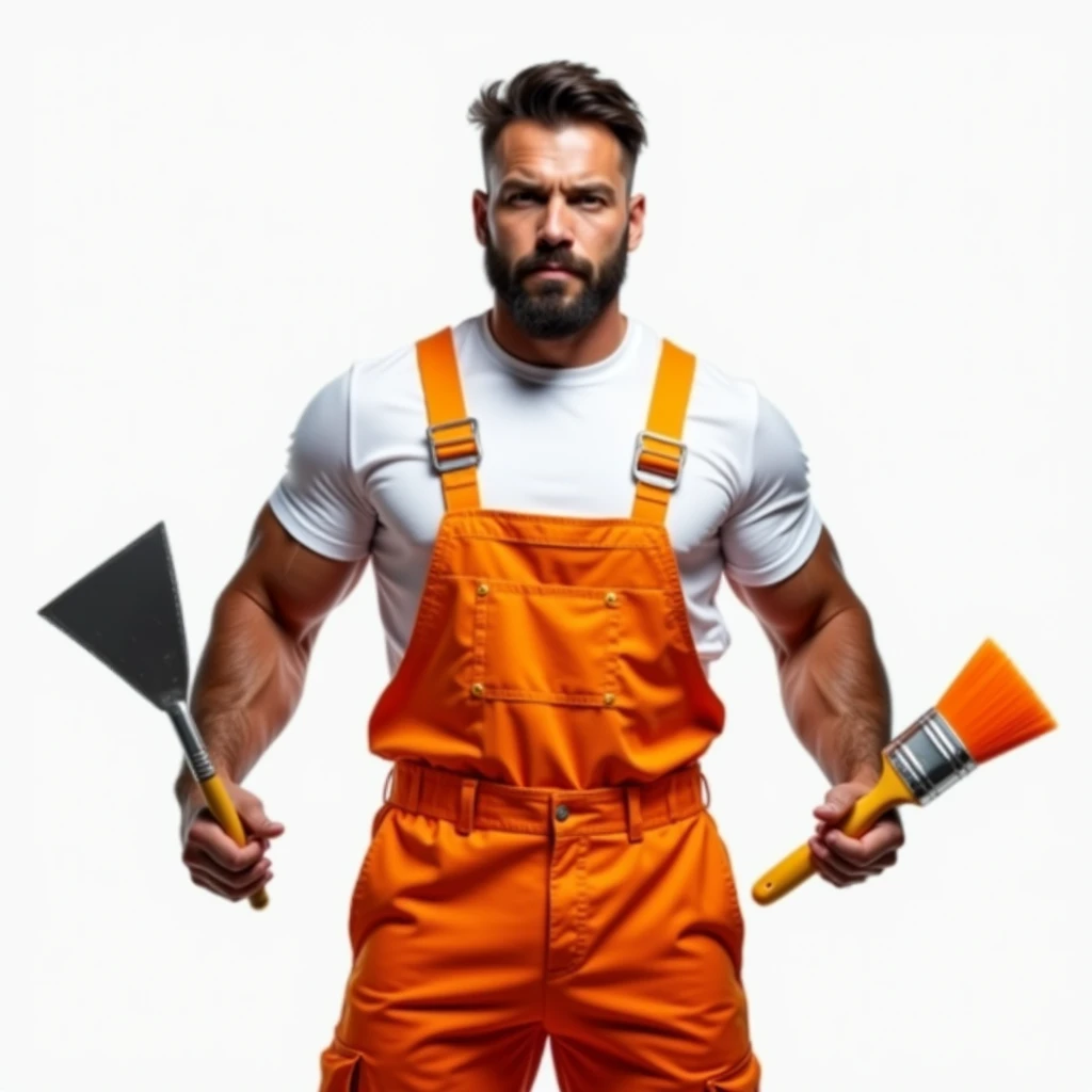 Strong Man in White T-shirt and Orange Construction Overalls, holds a triangular construction spatula in one hand, in another one, an orange paint brush, Studio Photography, studio lighting, realistic skin texture and detail, the man stands slightly sideways, background white uniform, The photo was taken from the waist up
