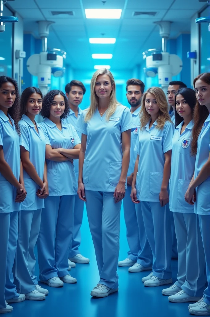 Create a 11 girl nursing student and 2 boy nursing student and 1 girl clinical instructor. (The head is editable with pictures). The background is hospital. And the title is 4B3. It should be color royal blue