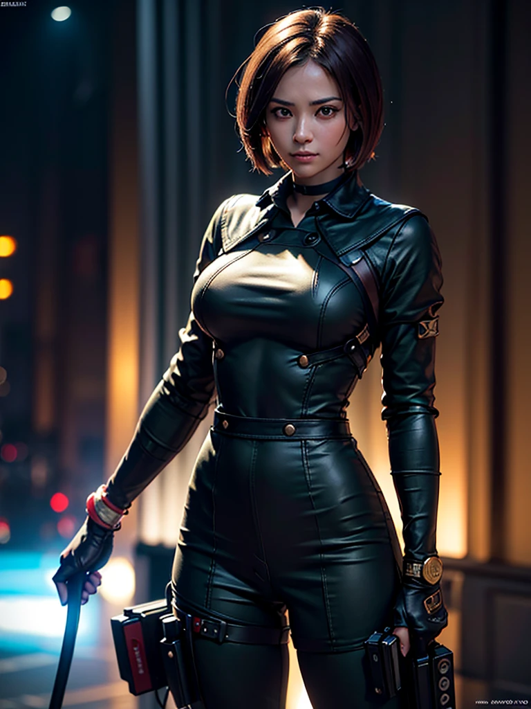 (at night), in a video game scene in the background, a beautiful city at night, raining, alone, standing looking straight ahead, green female military suit, semi-short hair, ((semi-short hair)), 1 girl, 30 years old, young woman, perfect hands, Beautiful fingers, Beautiful long legs, Beautiful body, Beautiful nose, Beautiful character design, perfect face, looking straight at the viewer with a serious and angry gesture, she has a whip clutched in her hand (focusing on his face), closed mouth, light_smile, official art, Extremely detailed CG unity 8k wallpaper, Perfect lighting, bright and colorful front lighting, glowing skin (masterpiece: 1.0), (Best_quality: 1.0), ultra High resolution, 4k, ultra detailed photography, 8K, hdr, High resolution, Nonsense:1.2, Kodak portrait 400, film grain, Blurred background, bokeh:1.2, Lens flare, (vibrant_color:1.2), professional photography, ( Beautiful, breasts: 1.4), (Beautiful_face: 1.5), (narrow waist),
