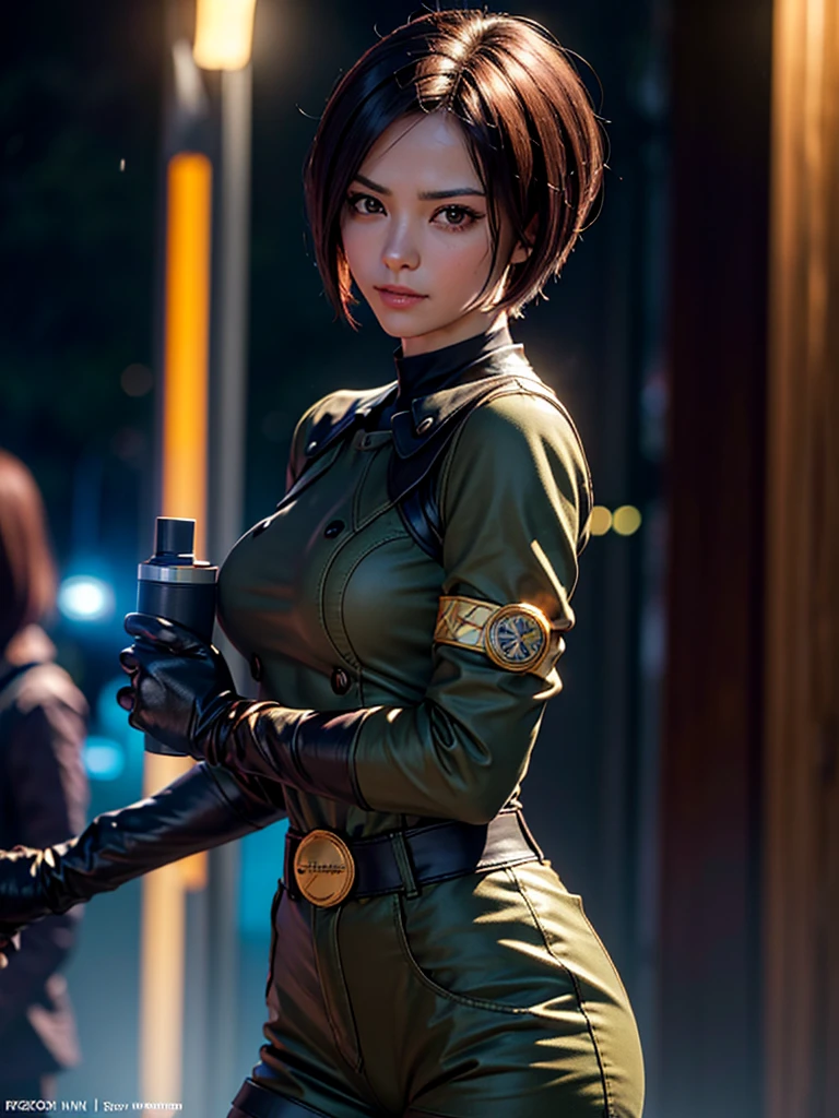 (at night), in a video game scene in the background, a beautiful city at night, raining, alone, standing looking straight ahead, green female military suit, semi-short hair, ((semi-short hair)), 1 girl, 30 years old, young woman, perfect hands, Beautiful fingers, Beautiful long legs, Beautiful body, Beautiful nose, Beautiful character design, perfect face, looking straight at the viewer with a serious and angry gesture, she has a whip clutched in her hand (focusing on his face), closed mouth, light_smile, official art, Extremely detailed CG unity 8k wallpaper, Perfect lighting, bright and colorful front lighting, glowing skin (masterpiece: 1.0), (Best_quality: 1.0), ultra High resolution, 4k, ultra detailed photography, 8K, hdr, High resolution, Nonsense:1.2, Kodak portrait 400, film grain, Blurred background, bokeh:1.2, Lens flare, (vibrant_color:1.2), professional photography, ( Beautiful, breasts: 1.4), (Beautiful_face: 1.5), (narrow waist),