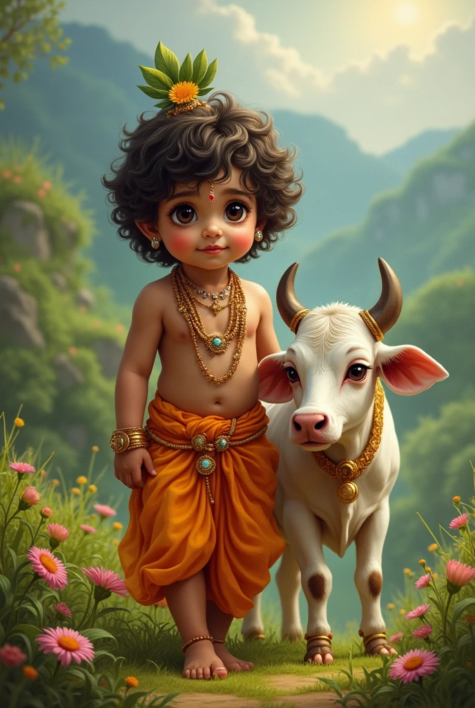 Lord krishna childhood with beautiful big eyes and with a calf