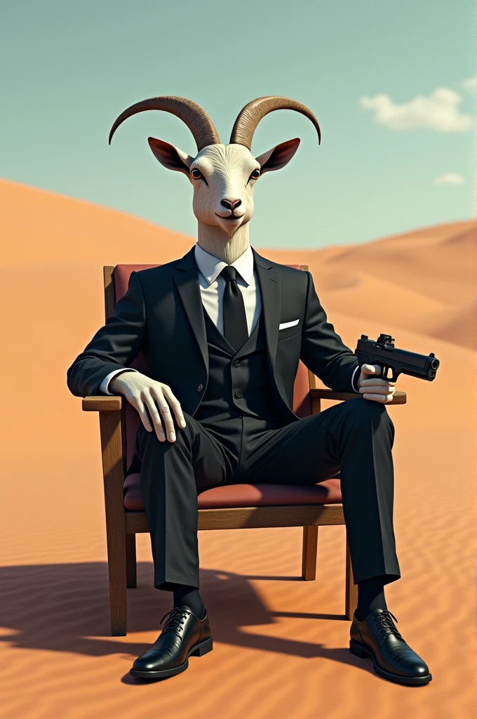 A goat in black suit in desserts take a gun and sitting on chair