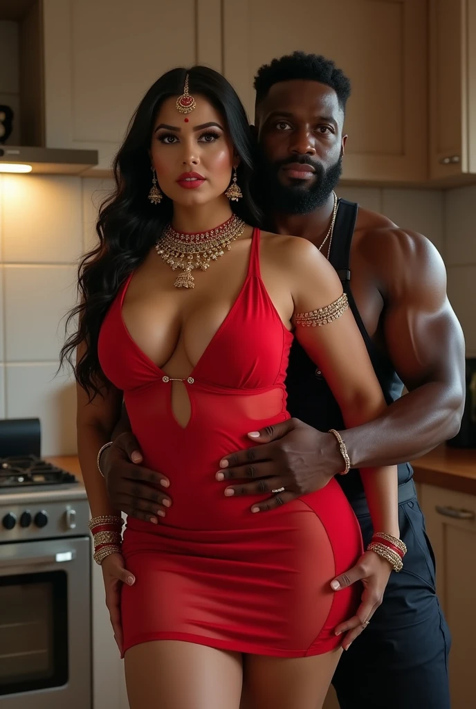 Indian Sexy Curvy milf women,with big boobs,big ass ,chubby face ,red mini transparent frock,Red Sindur ,Red bindi , Honeymoon red bangles,Stud chain earrings,Forehead Pendant ,Long gold Mangalsutra,4 gold Necklace, Diamond ear pin ,Gold Armlet,gold waist chain ,full photo, carry by a black muscular African muslim Plumber on his Arm in a kitchen slap ,both are looking straight to camera for pose