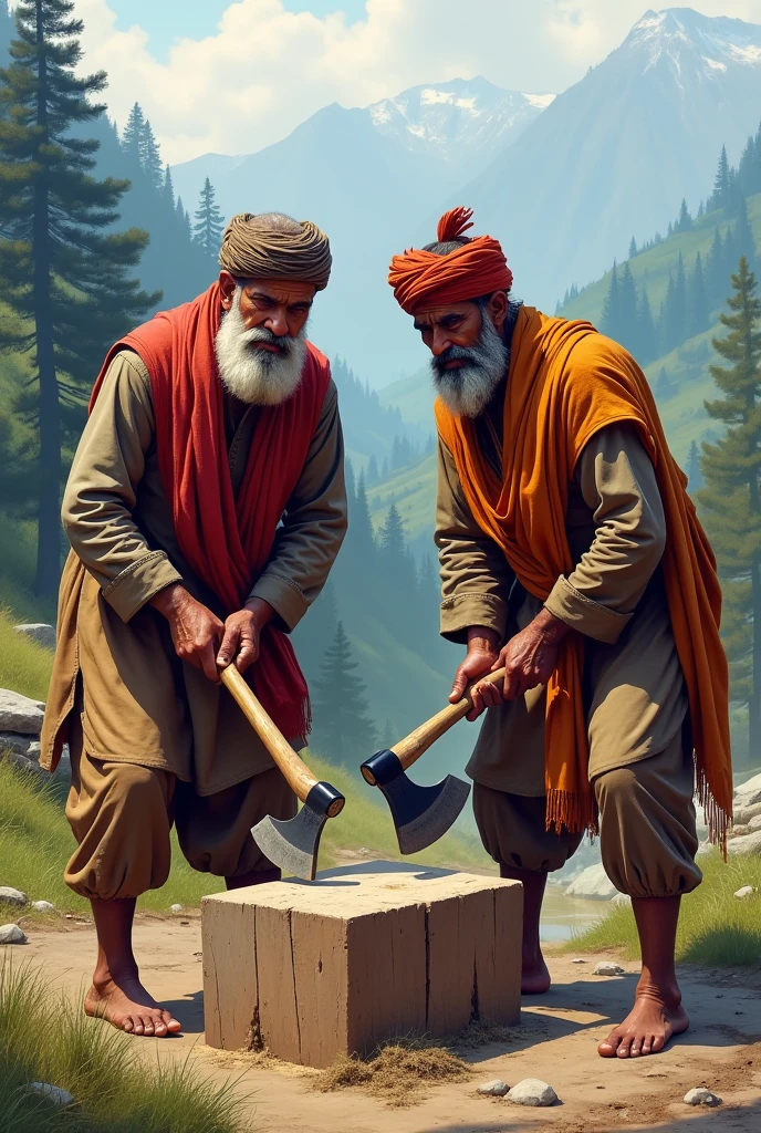 Two man in traditional Garhwali dress Choping wood block digital illustration