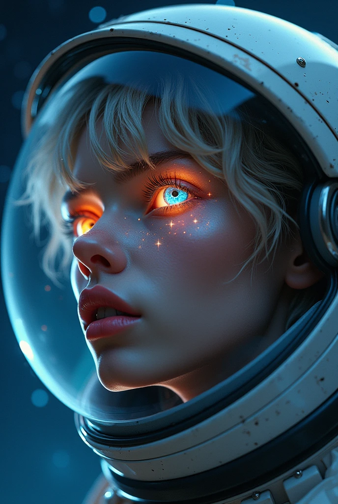 (Close-up of a better masterpiece:1.5)0.9], (Space and astronauts:1.2) (Messy silver hair:1.1) (Heterochromia xanthochromia and blue eyes:1.2) (Space Helmet:1.0) (Colored stars in the eyes:1.0) (A radiant glow:1.1) (thick lips:0.9)