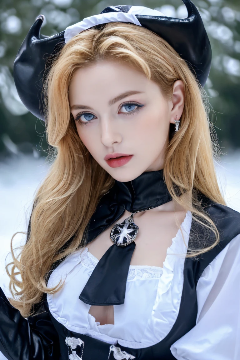 1 miniature Beautiful beautiful woman - Yuan Sayuki, ((top quality, 8K, Masterpiece:1.retty woman, 1 woman, huge breasts:1.3, a slim body:1.1, lush GINGER long hair with 2 buns, (shower, wet body, wet clothes:1.1), very detailed face, detailed lips, detailed eyes, double eyelids, Detailed blue eyes, чрезвычайно Detailed Outstanding Blue Eyes, long GINGER wet hair, GINGER wet hair, Detailed Outstanding Blue Eyes, innocent look at the viewer, very wet wavy white hair, Detailed Outstanding Blue Eyes, huge cross earrings, Outdoors, badges behind, gothic maid uniform, sexy maid dress, bare chest, huge chest tattoo, detailed huge catholic cross earrings, chest tattoo, Outside, wear a silver cross (Detailed cross shape), reality mode, wet breasts, black necklace, human crowd behind, black latex gloves, hair of white snowy colour, night time, red neon lights, demonic nun, nimbus (golden lighting ring above her head), angel, snowy weather, sexy pose, white lingerie, black maid dress, detailed flower wreath made of different colours, open chest, (cowboy shot:1.5)