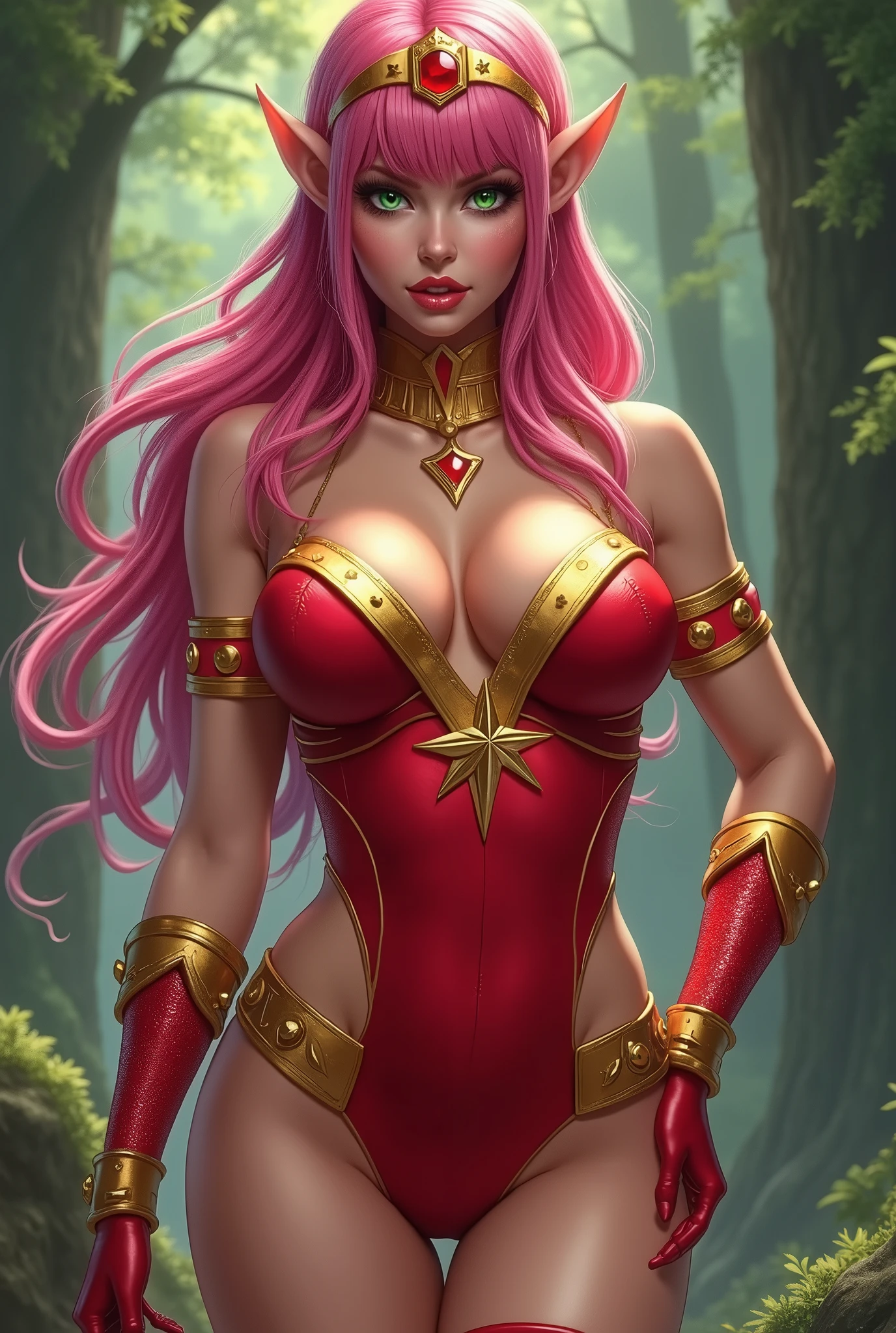 (Comic style, ed benes style) (best quality,4k,8k,highres,masterpiece:1.2),ultra-detailed,(realistic,photorealistic,photo-realistic:1.37),,superhero,sexy ,( beautiful female elf superheroine, long elf ears ,long pink hair with bags, very skimpy outfit red sleeveless leotard, with a golden Star, revealing clevage top wears, midriff (a golden tiara with a red gem ) , golden bracelets, long red boots, and small red panties ) (Venus Star) (tiara) (green eyes) UHD (seductive look) (busty)