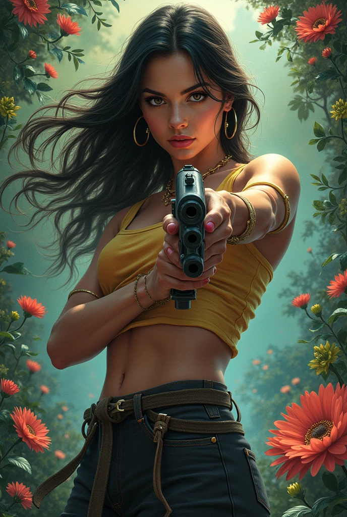 a woman holding a gun, in the style of womancore, exotic realism,