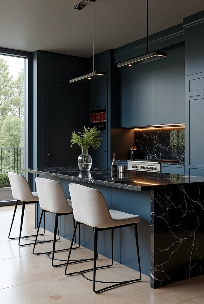 Professional 3d architecture rendering design of modern kitchen with   So dark blue vintage and dark  gray   and dark gray and  modern   Light gray beige design chairs  shiny  black   marble island island and modern windows and complete showing kitchen 