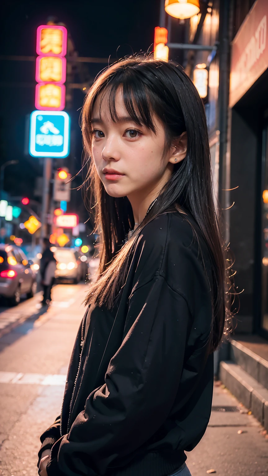Standing on the street at night, shy, Mole on chin, Side pose, Small mole on the chin, blush, Neon Light, Detailed Background, it's raining, Long sleeve, Neck choker with necklace, Long Necklace, Evil look, Gray Hair, Detailed digital anime art