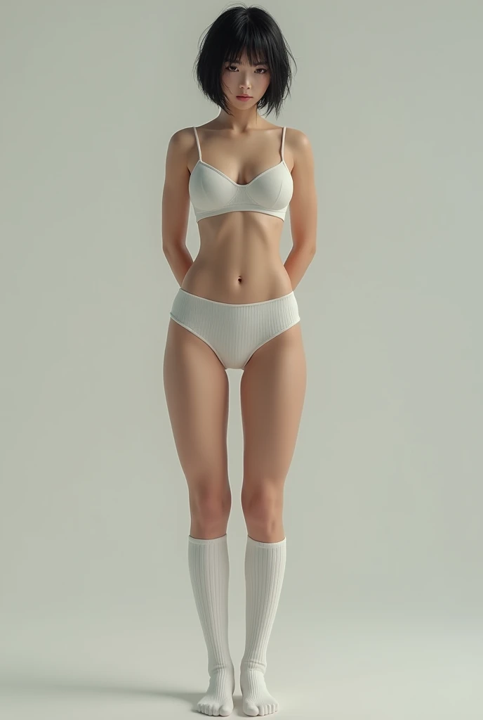 Japanese muscular girl wearing only a thin white camisole Long legs below the knee White thin ribbed knee-high socks Hands behind back Full body Short Hair Face of hopelessness Back view