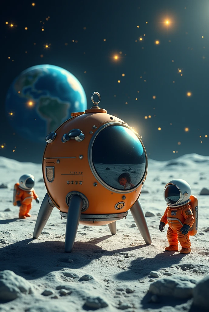Lunar Surface，Ultra-realistic，high resolution，There is a space probe，The space probe is round and has legs.，宇宙探査機はポンコツでUltra-realistic画像，遠くにLunar Surface探査員が2人，There is a blue globe in the background，Shooting stars are falling violently in the background，The shooting star shines golden，Lunar Surface探査員は小柄ふっくらLunar Surface調査員の服はオレンジ色，Lunar Surface調査員のヘルメットは透明