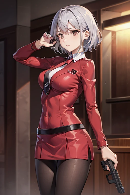 Highest quality、Ultra HD、One Woman、(Silver short hair)、(Red blazer 1.3)、(Red tie)、(shirt)、(Red Heel 1.1)、((Red Mini Tight Skirt))、((Black tights 1.2))、((1 Shooting a pistol in each hand.5))、Stylish、Beautiful Faces、(Black belt 1.2)、2 female、Glamorous Body、(Sunset slum background 1.2)、((A clear and beautiful touch))