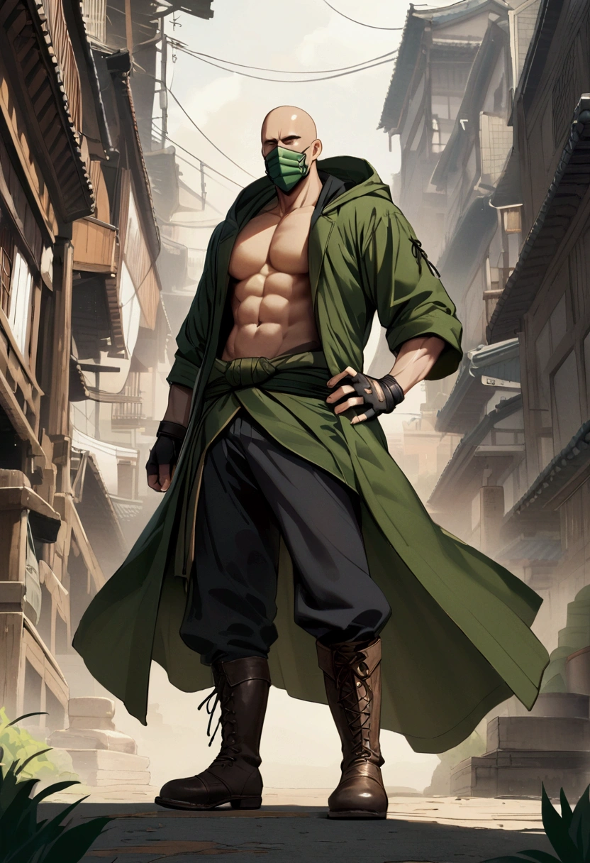 man, bald, dark brown beard, dark green long jacket, black pants, boots, no shirt, nothing underneath jacket, green mask on hip, fingerless gloves, mouth covered by mask, green samurai mask, hooded,