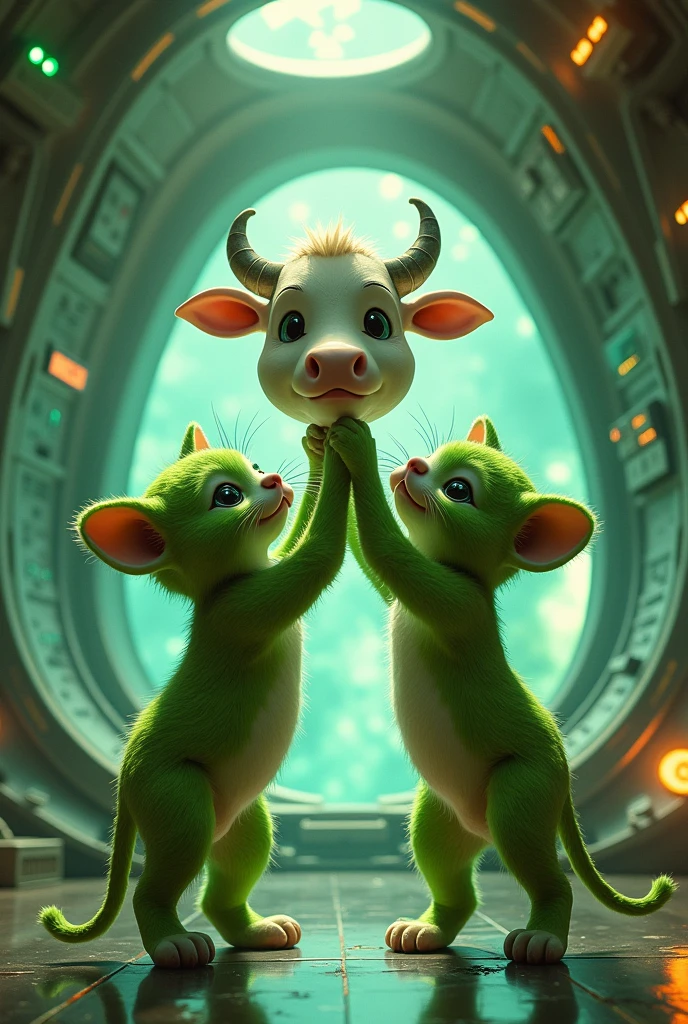 Make two green kittens that look like aliens in their spaceship taking a cow while they are in love
