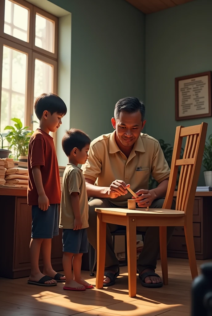 (photorealism:1.2),a young indonesian father who is making chairs for his children,and 2 boy child is there with a government office background 