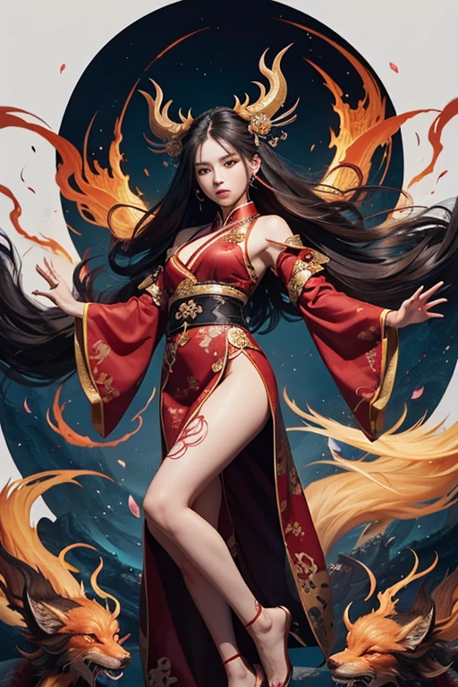 a divine nine-tailed demon fox, Chinese monster with dynamic body type, 1 girl, floating hair, beautiful detailed eyes, delicate face, gorgeous, fantasy art, black and red antique brocade hanfu, 2.5D, full body, movie poster, masterpiece, frontal shot, side portrait, white background, wide angle lens, sharp, splash, cloud, petals, empty sky, splashed ink, chinese