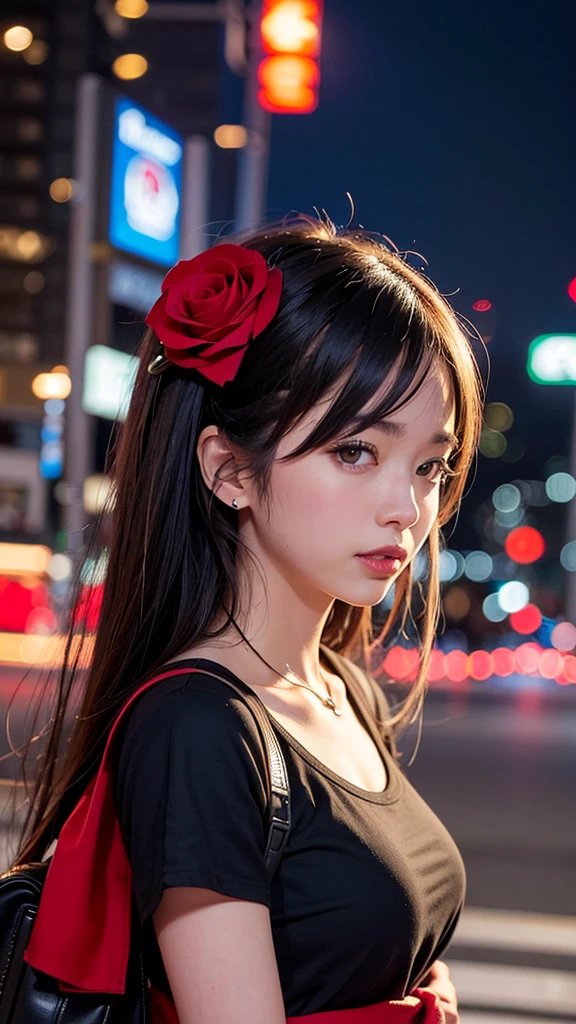 One person, Tokyo Street,night, Cityscape,City lights, Upper Body,close, 8k, RAW Photos, Highest quality, masterpiece,Realistic, photo-Realistic,Red Rose,