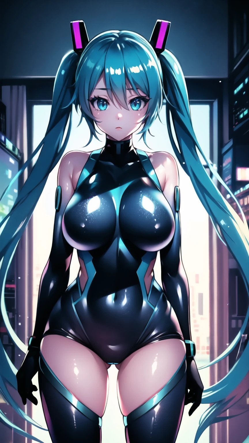 Hatsune Miku Vocaloid, Twin tails, Bright Blue Eyes, Light blue hair, tight, high-cut swimsuit, ((Taimanin Suit)), black tights、cyber punk, Ultimate Physical Beauty, Beautiful Eyes, Big Breasts, 8k CG, Highest quality, Best image quality