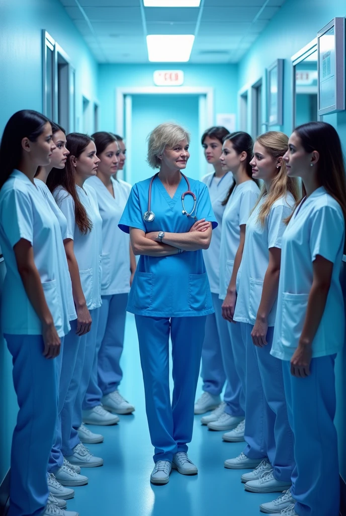 Create a 11 girl nursing student and 2 boy nursing student and 1 girl clinical instructor. (The head is editable with pictures). The background is hospital. And the title is 4B3. It should be color royal blue